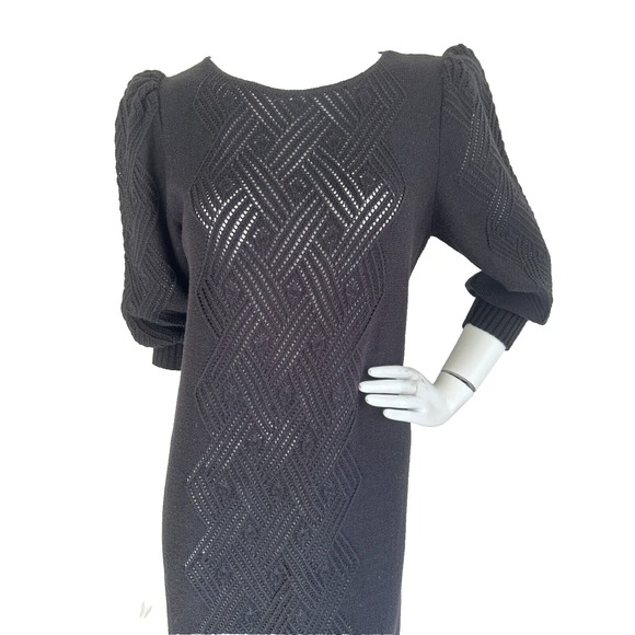 Vintage Savion Open Knit Midi Dress Sheer Center Puff Shoulder Black Size Large - Picture 5 of 7